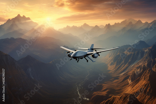 close up of an unarmed military reconnaissance drone in the sky flying over mountains made with Generative AI
