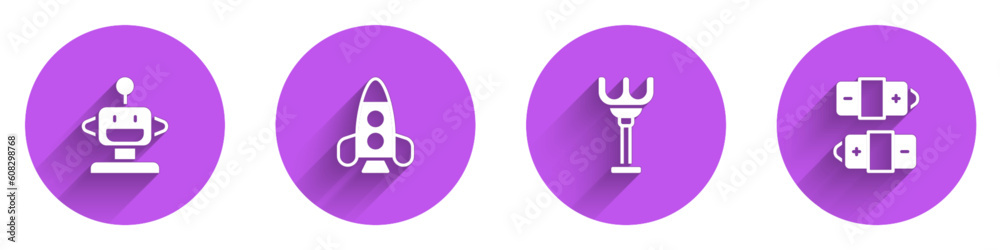 Set Robot toy, Rocket ship, Rake and Battery icon with long shadow. Vector Set Robot toy, Rocket ship, Rake and Battery icon with long shadow. Vector