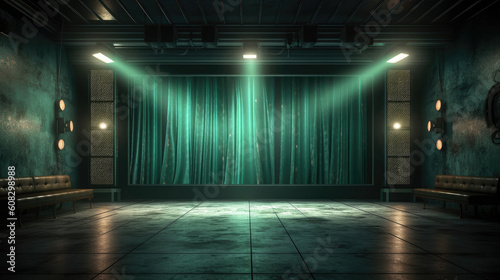 empty dark stage transformed with mist, fog, and green spotlights, perfect for showcasing artistic works and products. generative ai