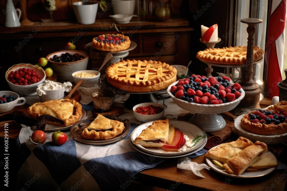 apple pies and other holiday foods on a table covered with red, white and blue decorations and american flags for independence day, Generative AI