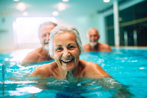 Elderly people doing exercise in swimming pool, seniors practicing water aerobics in pool. Generative AI © MVProductions