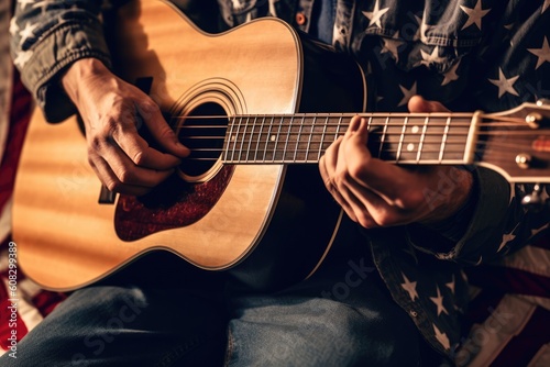 Hands of a Musician Playing an Acoustic Guitar, Wearing Clothes Symbolizing the American Flag. Independence Day, Generative AI