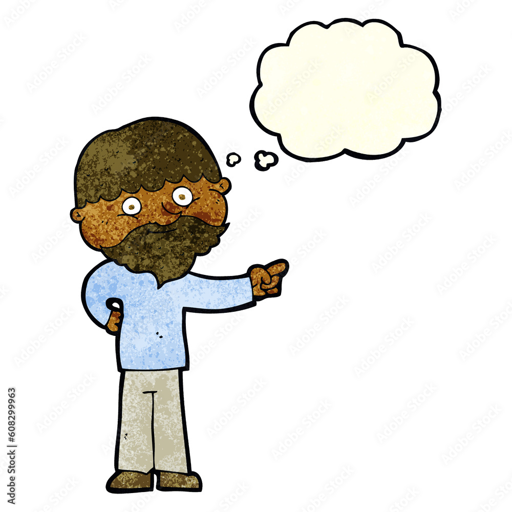 cartoon bearded man pointing with thought bubble