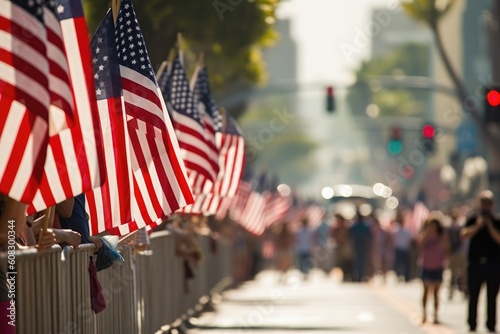 people holding American flags lining a street during a parade on the 4th of july. blurred strret background. Generative AI photo