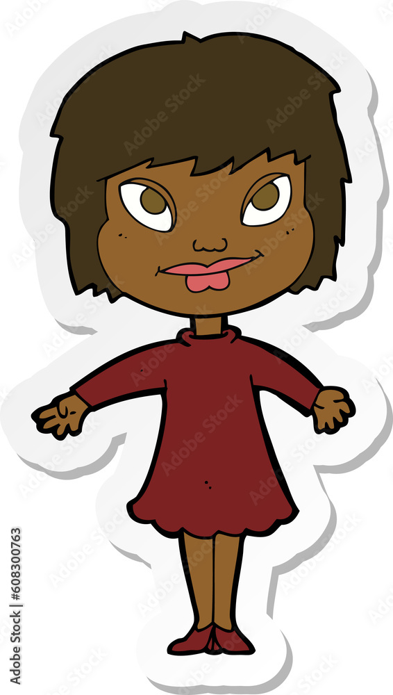 sticker of a cartoon girl shrugging shoulders sticker of a cartoon girl shrugging shoulders