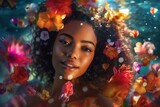 creative portrait of a young beautiful girl underwater with fishes and flowers, ai tools generated image