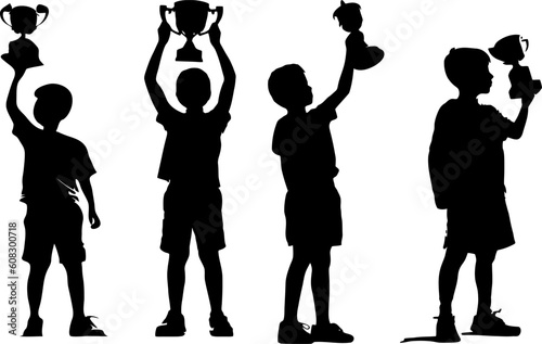 set of silhouettes of little boy lifting trophy