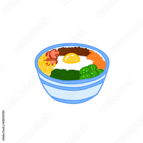 Bibimbap vector flat illustration. Asian bowl with eggs, beef, vegetables. Korean cuisine food. Editable lunch