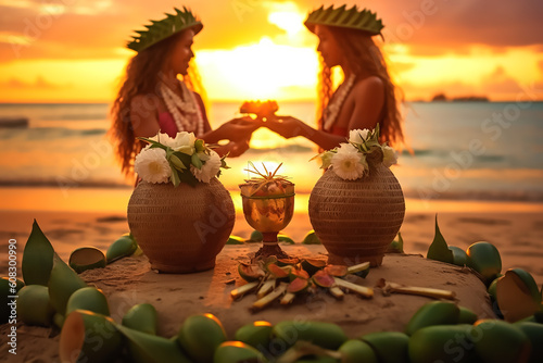 Two people hold coconut in the sunset on the beach 