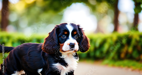 Cute black and white puppy standing on a sidewalk in a park. It is a young English cocker spaniel photo