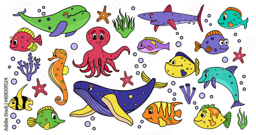 Set of fish in cartoon style on a white background. isolated. Tuna, clown fish, salmon, trout, octopus, corals, mud, bubbles. Undersea world. Comic. Vector stock illustration