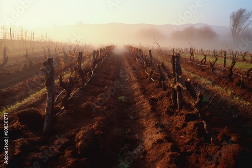 soil surface in vineyards  orchards  and horticultural fields  on misty and foggy conditions during early morning before sunrise. Generative AI
