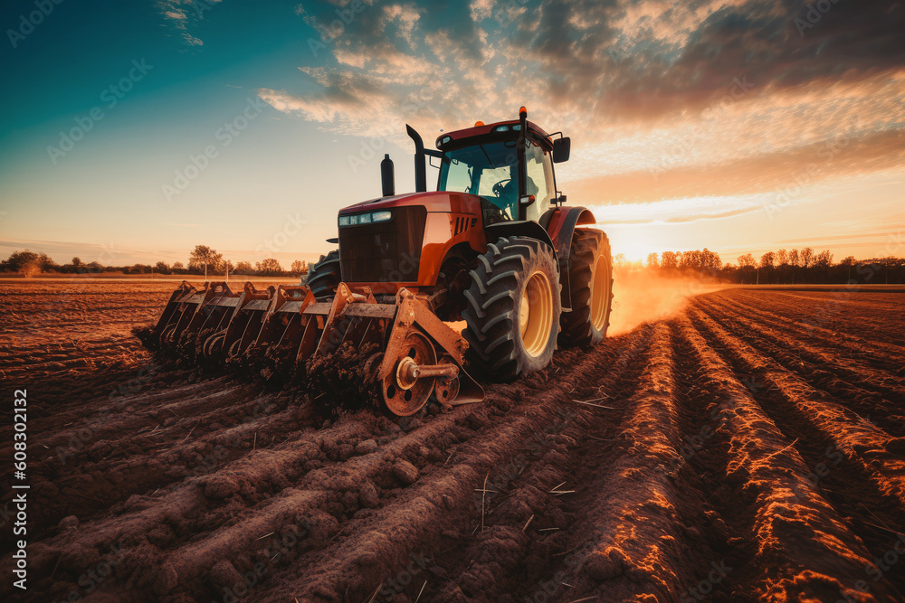 Fototapeta premium tractor with Roller, Compacting and leveling the soil, seedbed field preparation during early morning sunrise, Generative AI