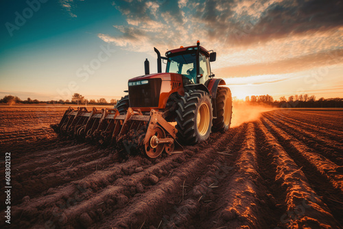tractor with Roller, Compacting and leveling the soil, seedbed field preparation during early morning sunrise, Generative AI photo