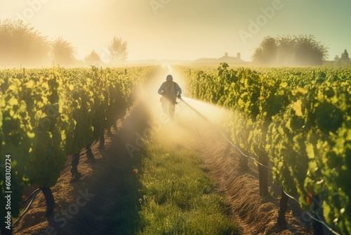 person with sprayer applies fungicides to protect the crops from fungal diseases in early morning, Generative AI photo