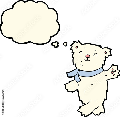 cartoon waving teddy polar bear with thought bubble