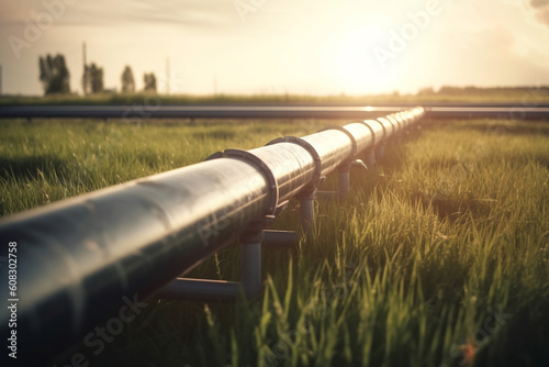 hydrogen pipeline in grass field highlighting eco-friendly, carbon-neutral energy alternatives replacing residential natural gas made with Generative AI photo