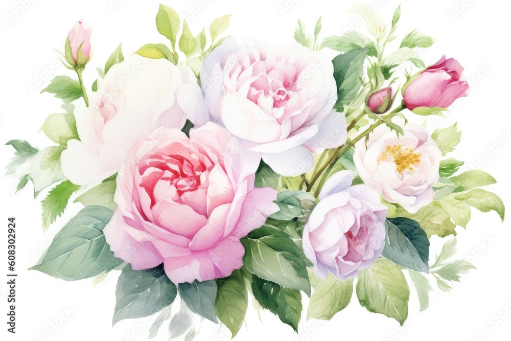 Garden Roses Bouquet watercolor illustration. Generative AI Garden Roses Bouquet watercolor illustration. Generative AI