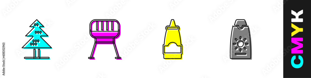 Set Tree, Barbecue grill, Sauce bottle and Sunscreen cream in tube icon. Vector Set Tree, Barbecue grill, Sauce bottle and Sunscreen cream in tube icon. Vector