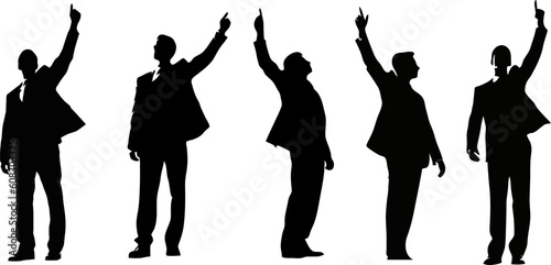 silhouette of man wearing suit pointing his forefinger up, concept of winning election candidate or success of a businessman