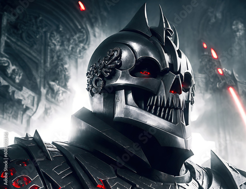 A dark, imposing figure with a metal skull for a head and red eyes. He wears a black, armored suit. photo