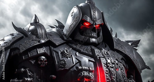 A dark, imposing figure with a metal skull for a head and red eyes. He wears a black, armored suit. photo