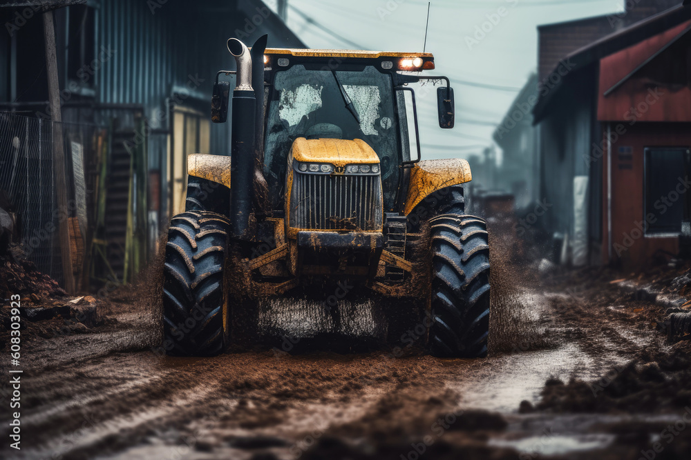 Fototapeta premium Wheel Tractor Scraper working in the rain, scooping mud and debris off a construction site road, Generative AI