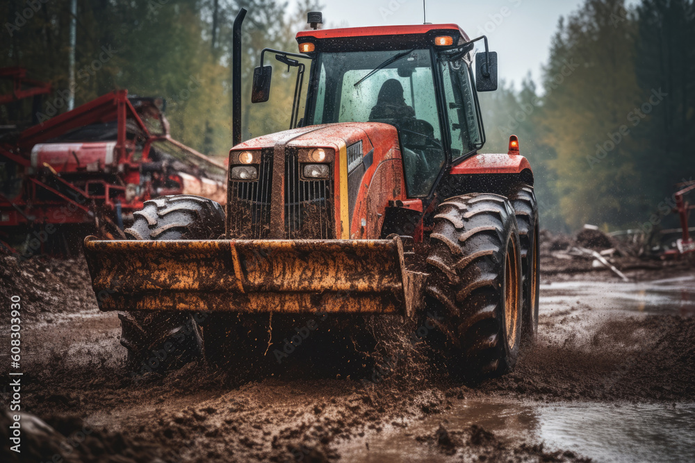 Wheel Tractor Scraper working in the rain, scooping mud and debris off a construction site road in forest, Generative AI Wheel Tractor Scraper working in the rain, scooping mud and debris off a construction site road in forest, Generative AI