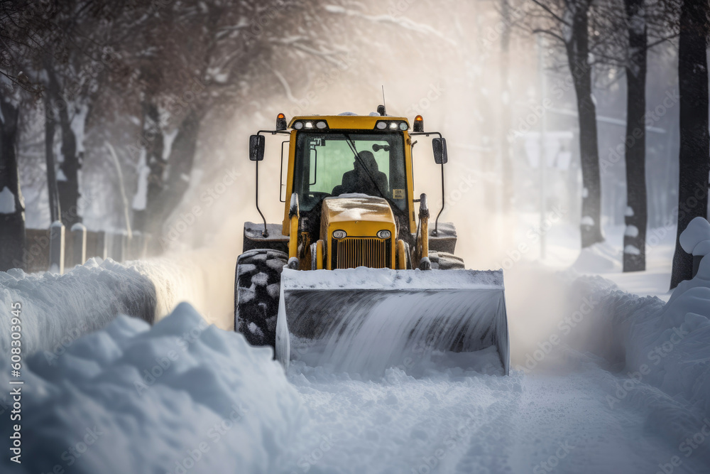 yellow bulldozer clearing snow on a winter day to clear a roadway, Generative AI yellow bulldozer clearing snow on a winter day to clear a roadway, Generative AI