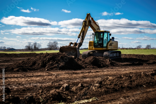 yellow excavator Compactor at work on a greenfield site during a bright and clear day, blue sky and clounds on the background, Generative AI