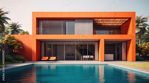 Exterior Modern tropical Villa with swimming pool, bright color. Generative Ai © hassanmim2021
