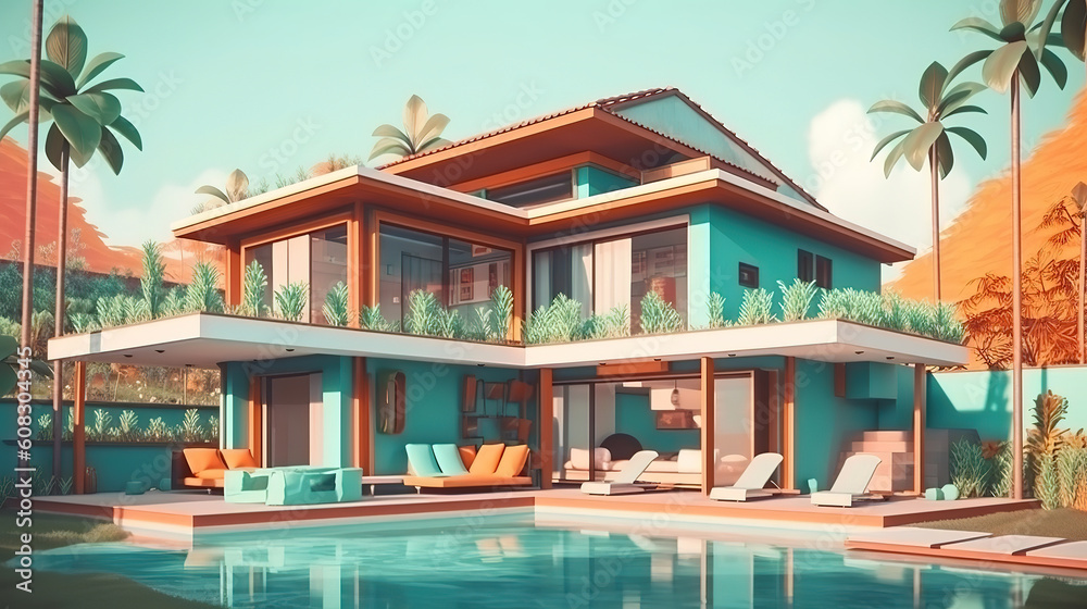 Modern villa with pool and garden. Generative Ai