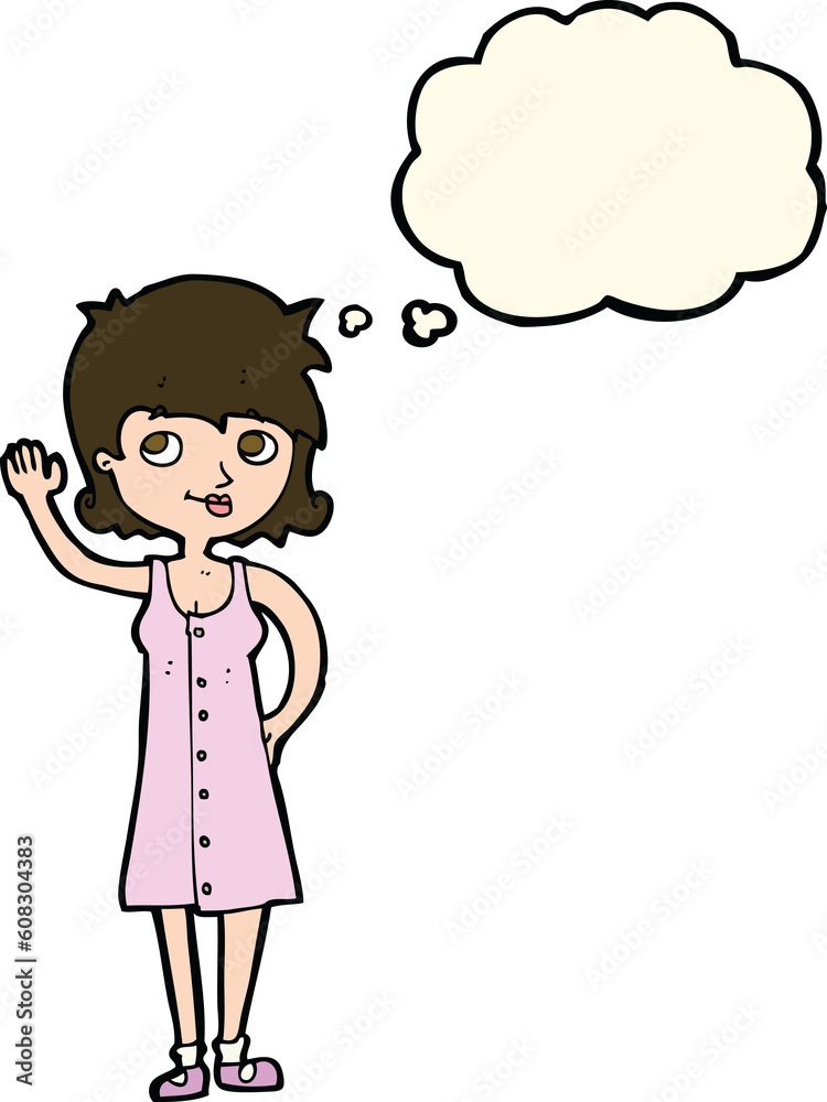 cartoon pretty woman waving with thought bubble cartoon pretty woman waving with thought bubble