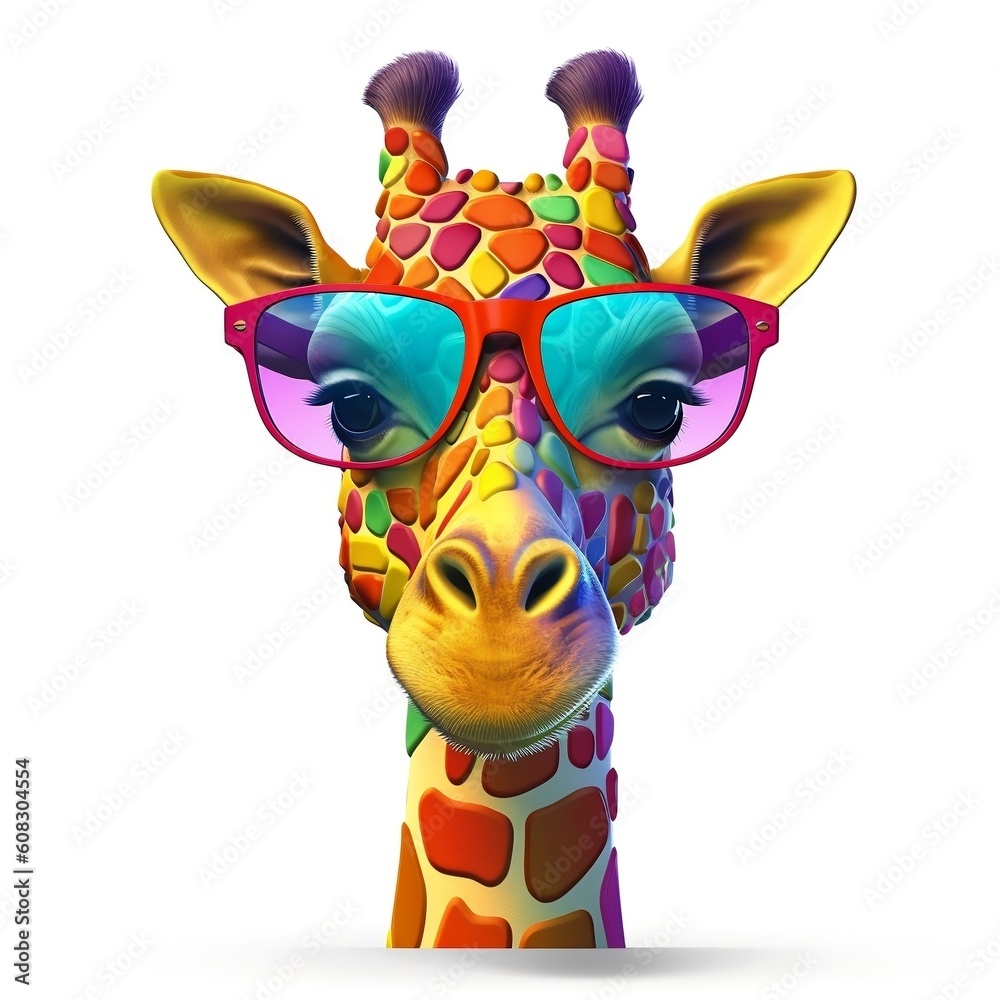 Playful Cartoon Giraffe Wearing Sunglasses on a White Background. Generative AI