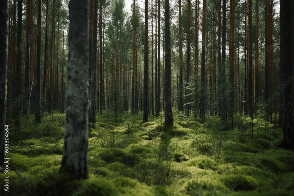 scandinavian forest with many trees, lots of green moss made with Generative AI