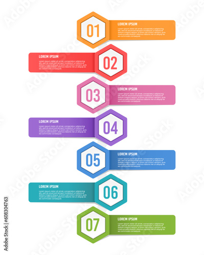 Infographics 7 options or steps. Workflow layouts, diagrams, number options, and web design. Vector illustration.