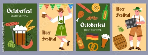 Annual beer holiday cards. Oktoberfest people in traditional bavarian clothes, german food, drink celebration, malt drink party, vector set.jpg photo