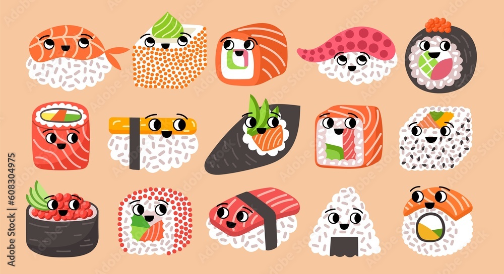 Kawaii japanese food. Funny sushi characters, cold asian snacks, cute rolls with comic faces, nori algae, salmon and boiled rice, vector set