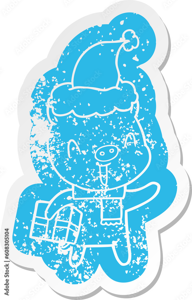 happy quirky cartoon distressed sticker of a pig with xmas present wearing santa hat happy quirky cartoon distressed sticker of a pig with xmas present wearing santa hat