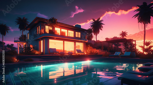3d rendering of modern cozy house with pool and parking. Generative Ai © hassanmim2021