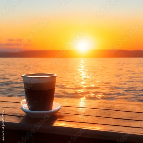 a cup of coffee in front of the sea at sunest GENERATIVE AI