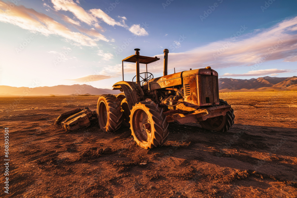 Obraz premium old abandoned rusted wheel tractor scraper in vast desert with mountains background during golden hour, Generative AI