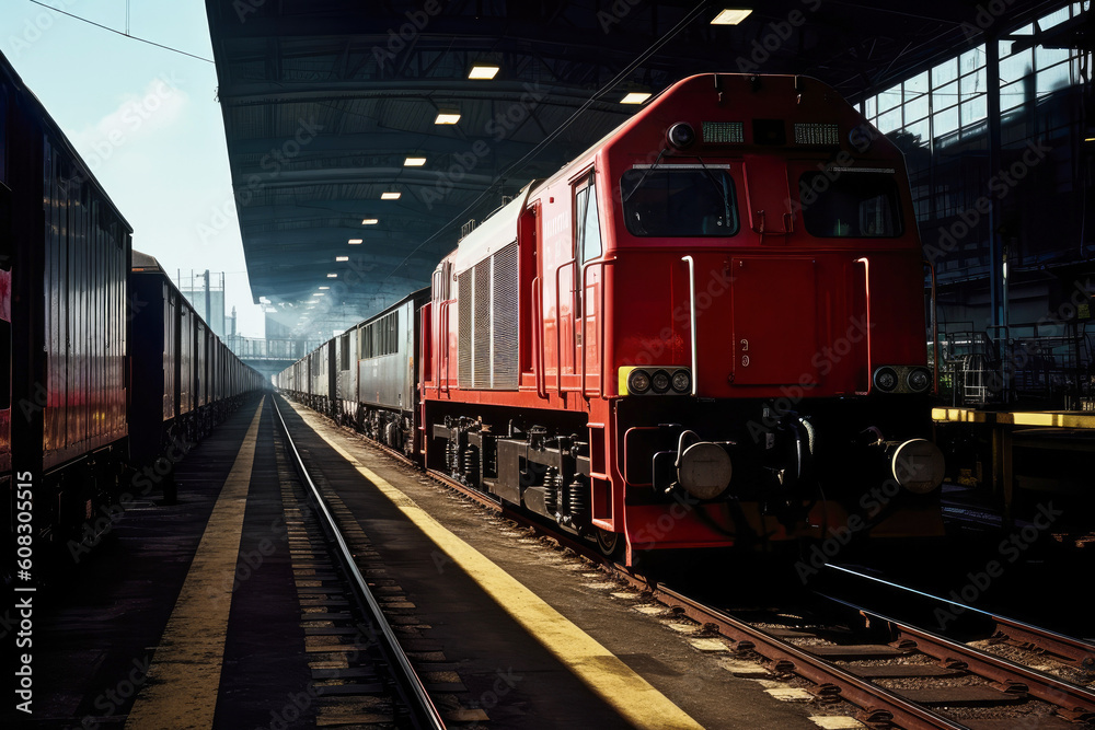 tugger train in warehouse of A massive industrial park. bright overhead light on the background, Generative AI