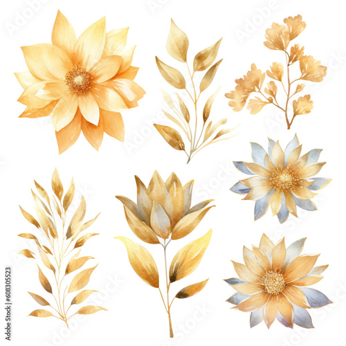 Set of golden floral watecolor. flowers and leaves. Floral poster  invitation floral. Vector arrangements for greeting card or invitation design 