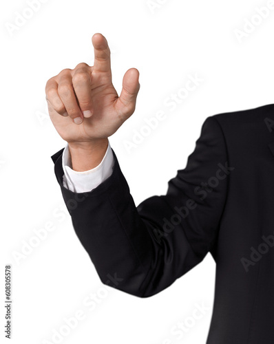 Businessman shows hands and fingers various symbols