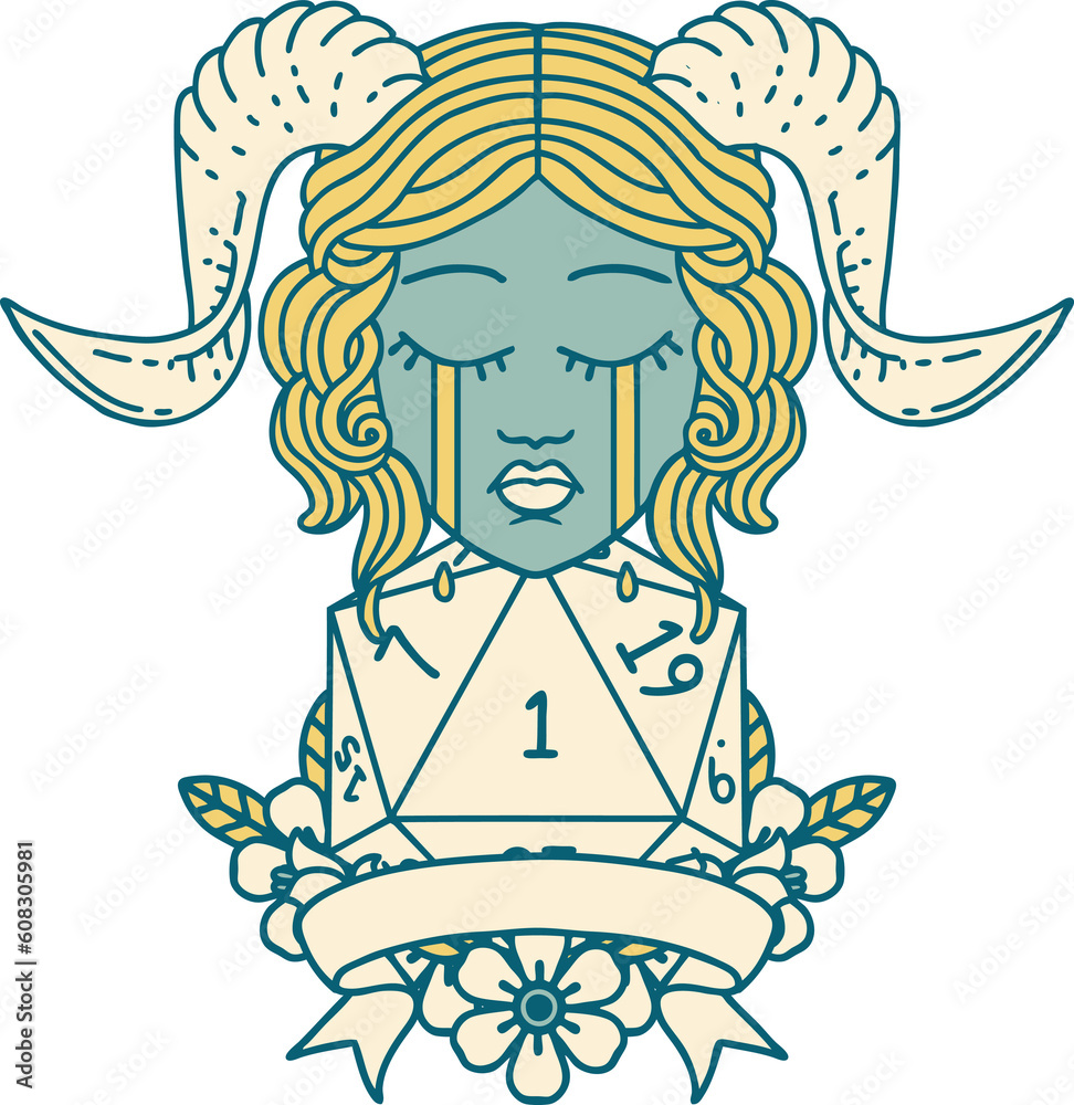 Retro Tattoo Style crying tiefling face with natural 1 D20 Dice Retro Tattoo Style crying tiefling face with natural 1 D20 Dice