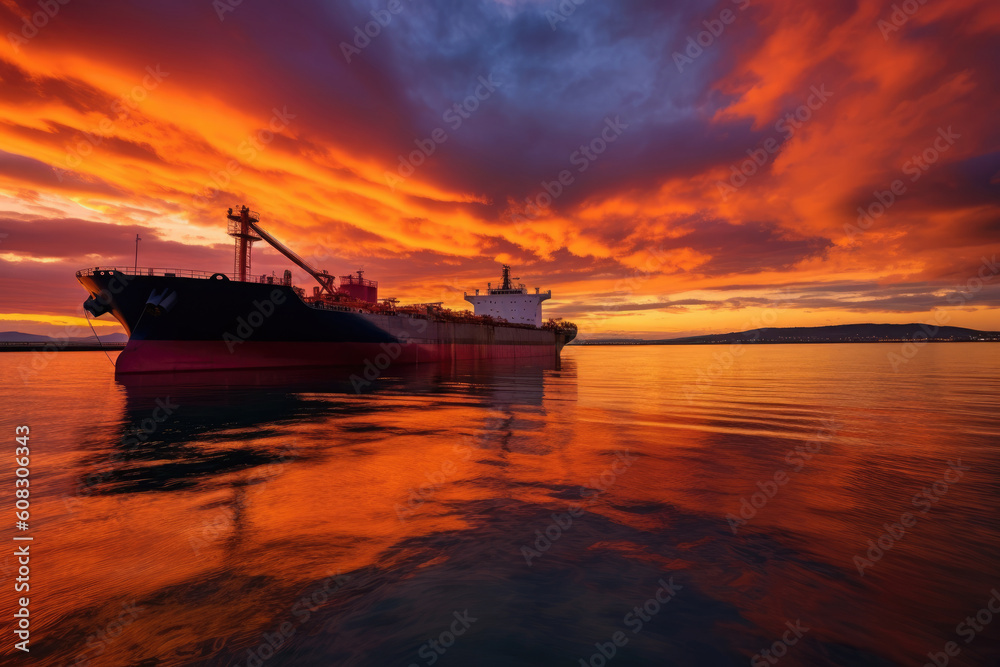 a tanker awaits unloading at an open sea terminal, sunset with bright colors and scattered clouds, Generative AI