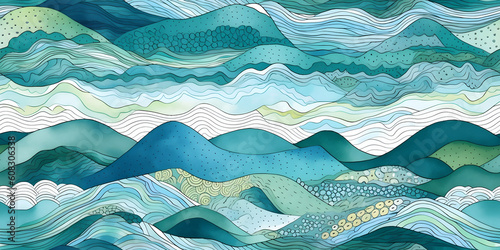 Seamless Abstract playful hand drawn fine line watercolor stripes rolling hills landscape pattern in teal blue and white. Boy or nautical theme. High resolution textile texture background.