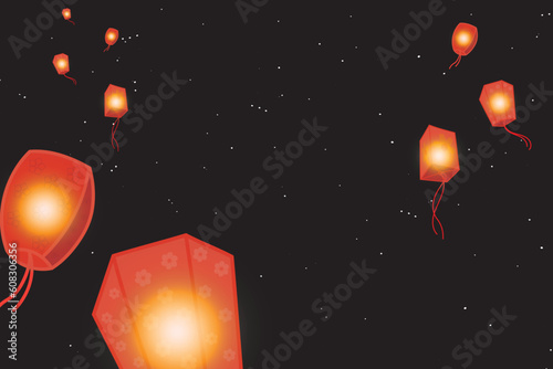 Illustration, Chinese lantern on night sky with star background.