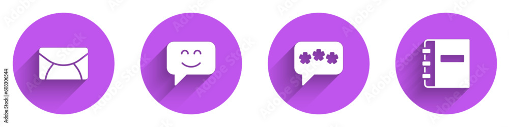 Set Mail and e-mail, Smile face, Speech bubble chat and Notebook icon with long shadow. Vector Set Mail and e-mail, Smile face, Speech bubble chat and Notebook icon with long shadow. Vector